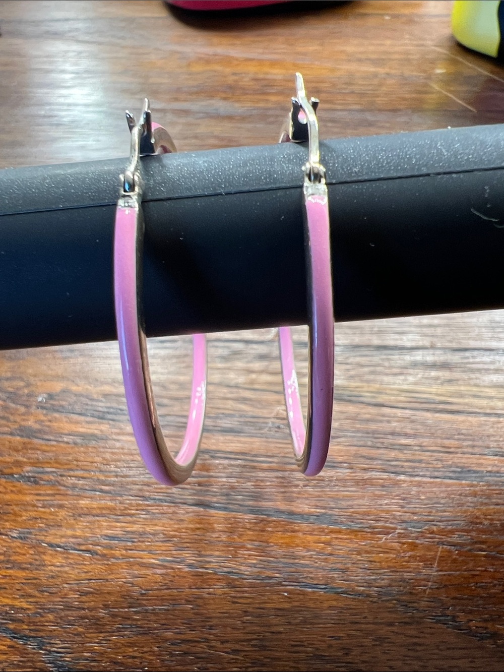 925 Sterling Silver Pink Enamel 1.75” Hoop Earrings